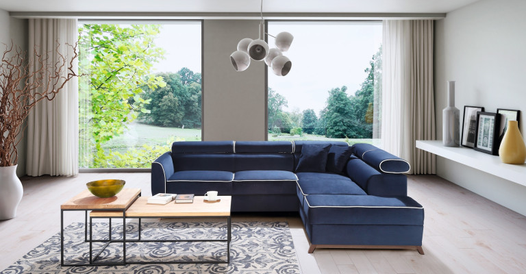 Nowoczesna niebieska sofa narożna z tkaniny