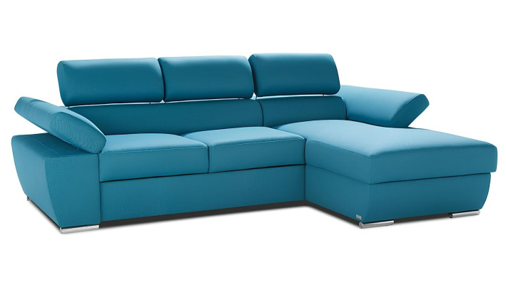 Nowoczesna niebieska sofa narożna z funkcją łóżka