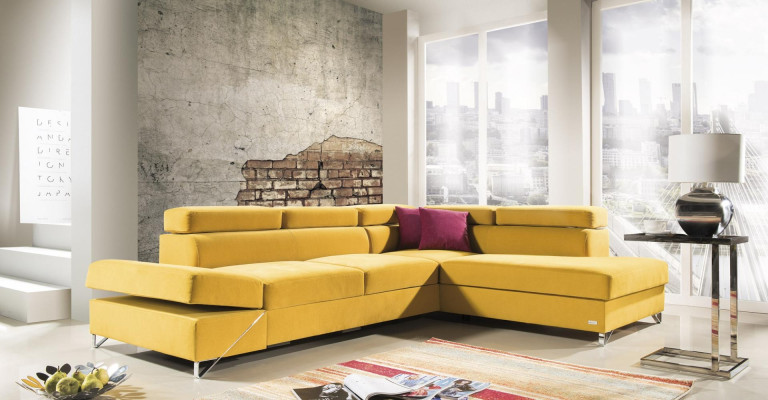 Nowoczesna żółta narożna sofa z funkcją łóżka