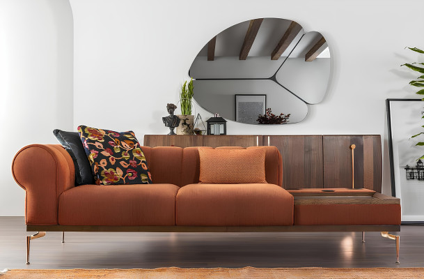 Nowoczesna sofa dwuosobowa w pomarańczowym materiale 234cm
