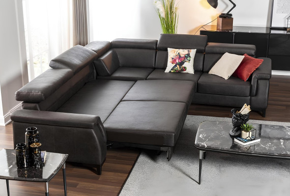 Narożnik w kształcie L, czarna skórzana sofa z funkcją łóżka