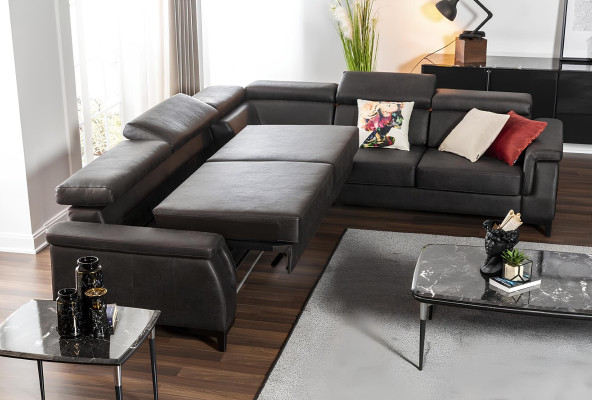 Narożnik w kształcie L, czarna skórzana sofa z funkcją łóżka