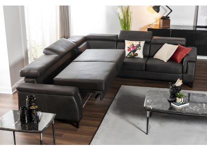 Narożnik w kształcie L, czarna skórzana sofa z funkcją łóżka