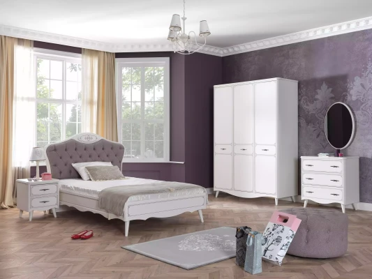 Młodzieżowe łóżko Chesterfield do pokoju dziecięcego 100 cm Zestaw 5 części Szary Tkanina