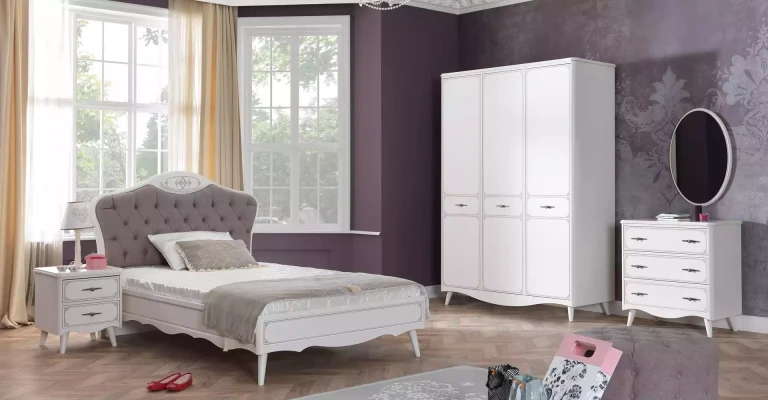 Młodzieżowe łóżko Chesterfield do pokoju dziecięcego 100 cm Zestaw 5 części Szary Tkanina