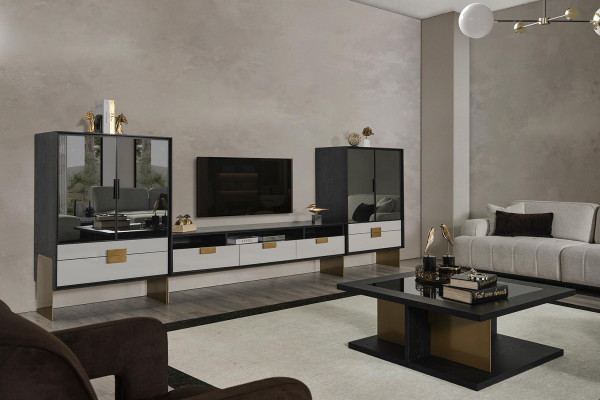 Mobilna ściana telewizyjna z witrynami zestaw salonowy nowy biały 3 części