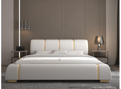 Luksusowe łóżko z złotymi akcentami Nowoczesny design Tapicerowane wezgłowie Sypialnia