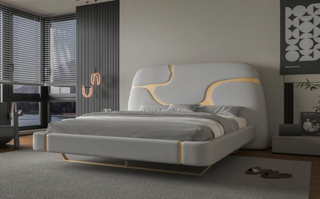 Luksusowe łóżko z złotymi akcentami Nowoczesny design Tapicerowane wezgłowie Sypialnia