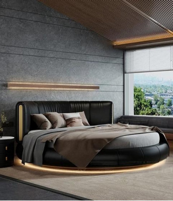 Ekskluzywne okrągłe łóżko szaro-beżowe z nowoczesnym designem do sypialni