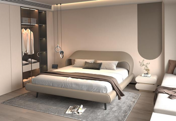Eleganckie szare łóżko z minimalistycznym, zaokrąglonym designem