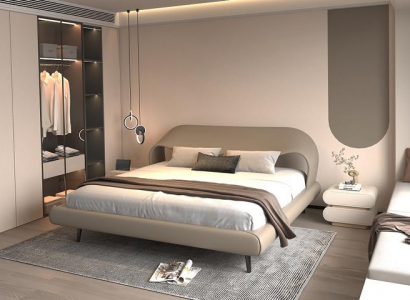Eleganckie szare łóżko z minimalistycznym, zaokrąglonym designem