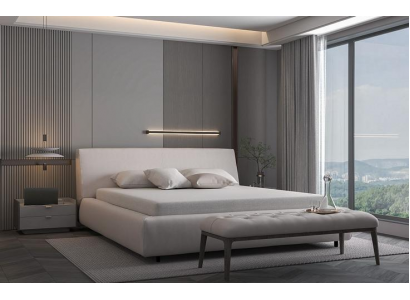 Eleganckie łóżko tapicerowane w beżowym kolorze