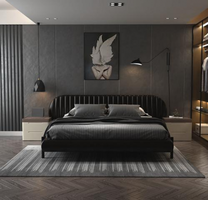 Nowoczesne czarne łóżko tapicerowane elegancki design komfort do spania