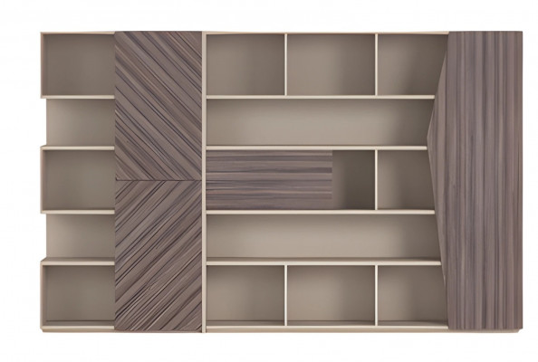 Nowoczesny system regałów w beżowo-brązowym kolorze z efektem drewna, otwarta szafa z szufladami