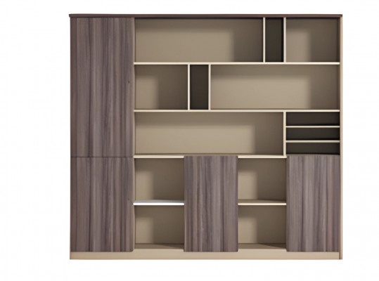 Nowoczesna beżowo-brązowa szafa biurowa z efektem drewna, otwarta, do przestrzeni roboczej