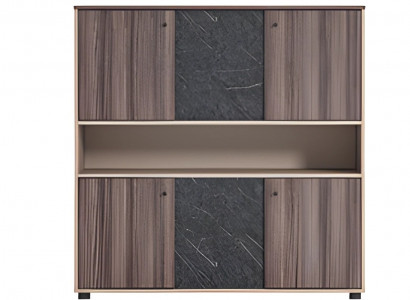 Beżowo-brązowa szafa biurowa z efektem drewna w nowoczesnym designie z drzwiami przesuwnymi