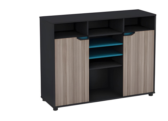 Nowoczesne czarne brązowe sideboard z efektem drewna z niebieskimi drzwiami i półkami