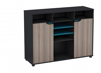 Nowoczesne czarne brązowe sideboard z efektem drewna z niebieskimi drzwiami i półkami