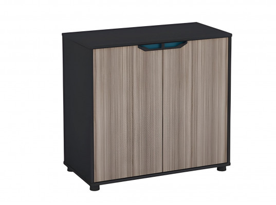 Komoda w brązowym i czarnym drewnie z nowoczesnymi drzwiami do biura