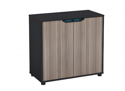 Komoda w brązowym i czarnym drewnie z nowoczesnymi drzwiami do biura