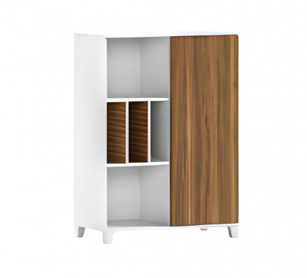 Nowoczesna szafa z drewna i białego koloru z otwartymi półkami i eleganckimi drzwiami