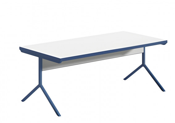 Nowoczesne biurko z białym blatem i niebieską metalową podstawą w eleganckim designie