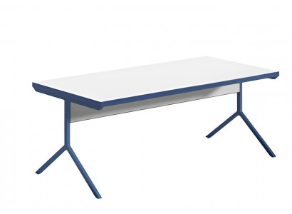 Nowoczesne biurko z białym blatem i niebieską metalową podstawą w eleganckim designie