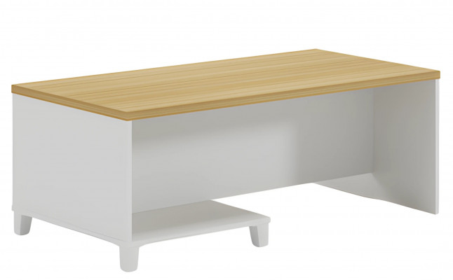 Nowoczesny stolik kawowy z białym korpusem i drewnianym blatem do eleganckiego salonu