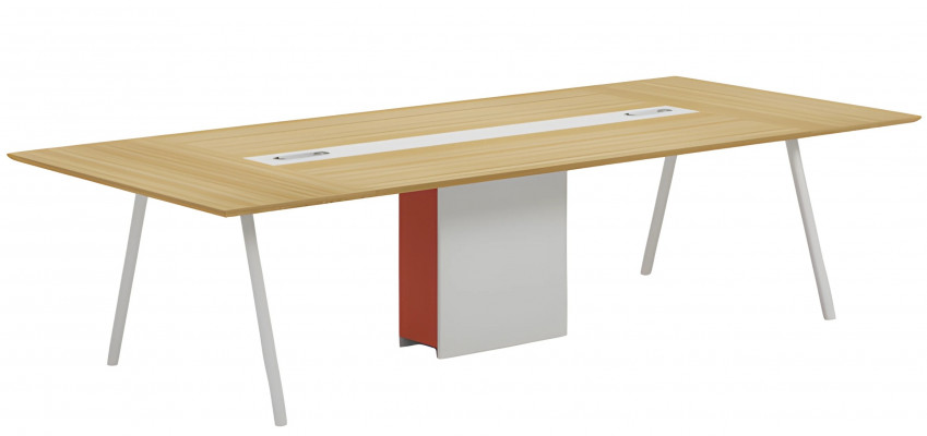 Nowoczesny stół konferencyjny efekt drewna naturalnego biały pomarańczowy z kanałem na kable