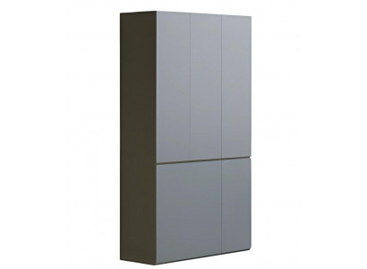 Nowoczesna szara szafa biurowa bez uchwytów, wysoka, z przestrzenią do przechowywania, w prostym stylu