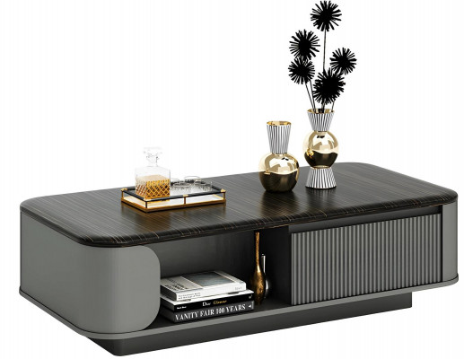 Nowoczesny stół kawowy o eleganckim designie z czarnym blatem i otwartymi półkami