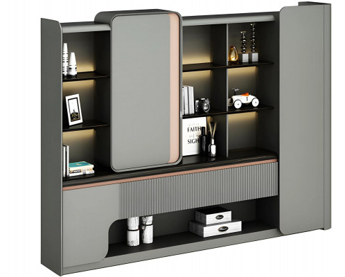 Nowoczesna szafa biurowa z otwartymi półkami oświetlenie elegancja prosty design szary