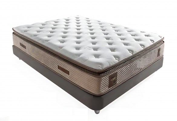 Eleganckie łóżko beżowe z materacem z tkaniny i drewna