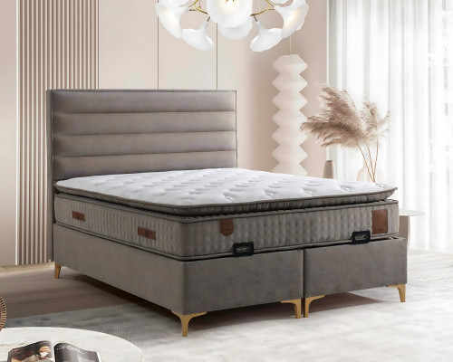 Beżowe łóżko drewniane z materacem – Elegancki mebel do sypialni