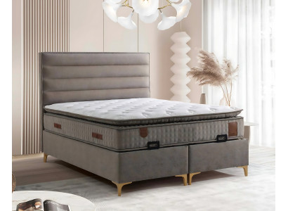 Beżowe łóżko drewniane z materacem – Elegancki mebel do sypialni