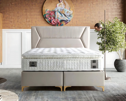 Eleganckie łóżko beżowe z materacem z tkaniny i drewna