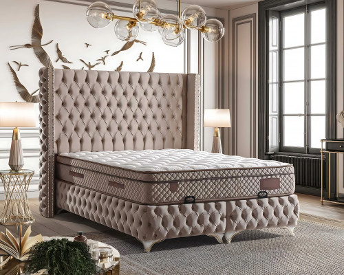 Eleganckie łóżko z materacem w beżowym materiale