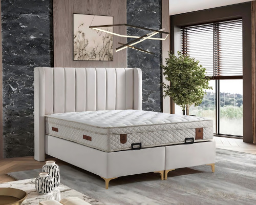 Eleganckie łóżko z materacem w beżowym materiale