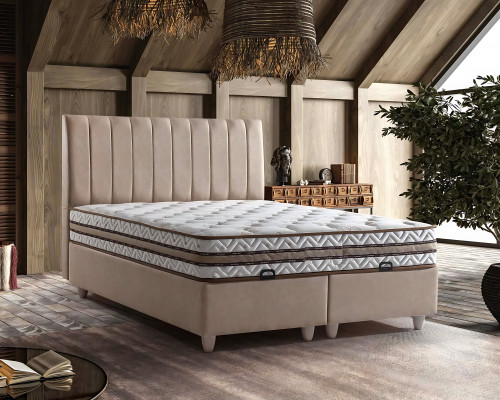 Łóżko z beżowego materiału z eleganckim materacem