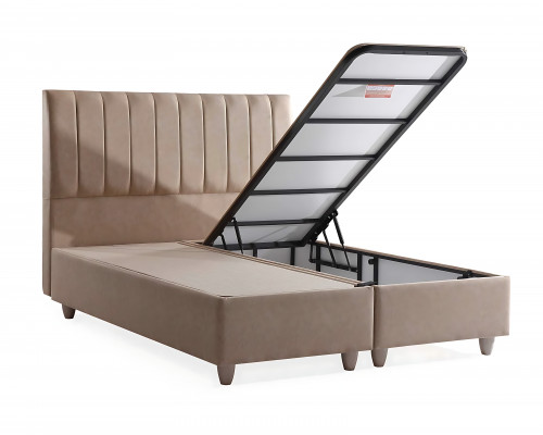 Łóżko z beżowego materiału z eleganckim materacem