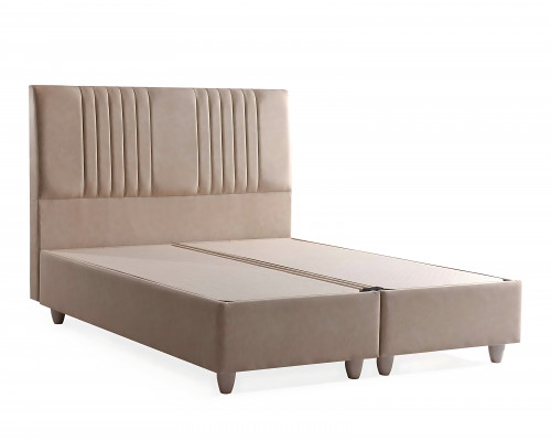 Eleganckie łóżko z materacem w beżowym materiale i drewnie