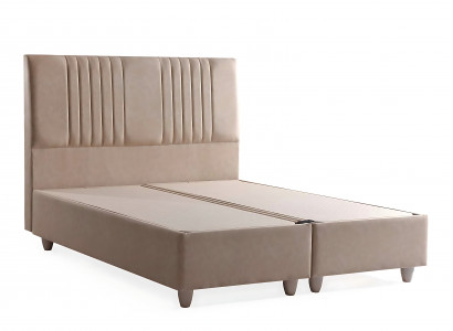 Eleganckie łóżko z materacem w beżowym materiale i drewnie