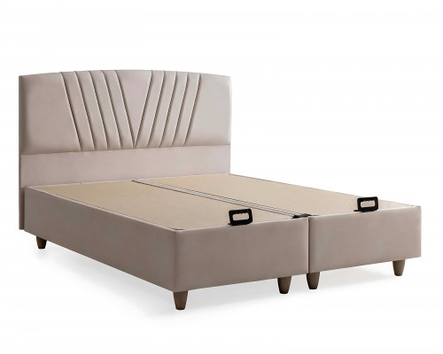 Eleganckie łóżko z materacem w beżowym materiale i drewnie