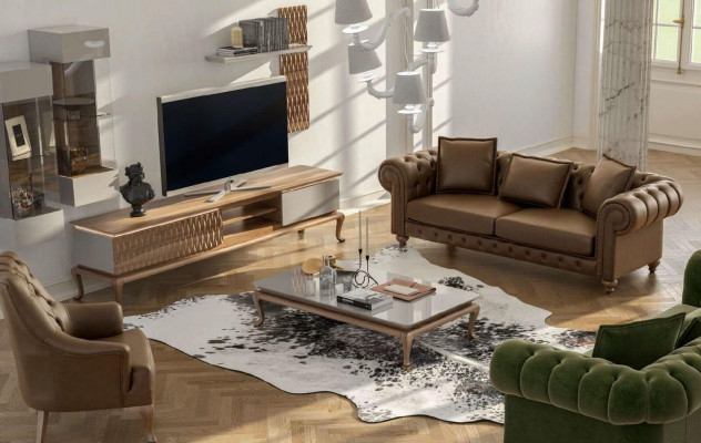 Brown Chesterfield Luxury Zestaw sofowy Nowoczesny trzymiejscowy Fotel Włókienniczy