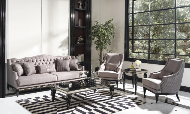 Zestaw sofowy 3 Stoliki do kawy sofa materiałowa szara komplet 5-częściowy trzyosobowy
