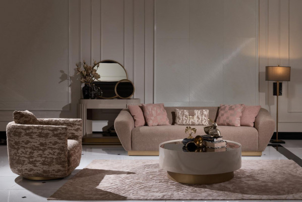 Zestaw sofowy Sofa 3 miejsce do siedzenia Fotel stolik kawowy Kredens Beige Materiał 5-częściowy
