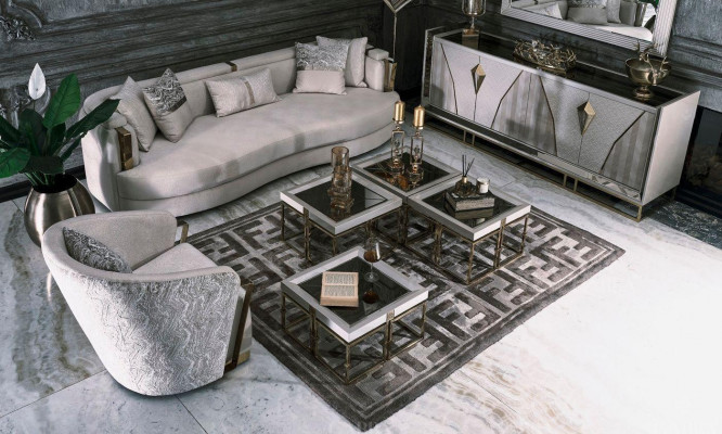 Pokój dzienny Grupa Sofas Sofa materiałowa Fotel Stoliki do kawy Zestaw 6 sztuk w kolorze szarym