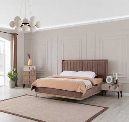 Brązowa Sypialnia Podwójne łóżko Designer Drewno Moderne 2x Szafki nocne