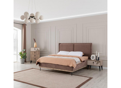 Brązowa Sypialnia Podwójne łóżko Designer Drewno Moderne 2x Szafki nocne