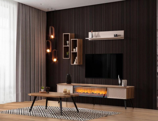 Stylowy salon Jednostka ścienna Designer RTV Drewno stolik kawowy 2x półki